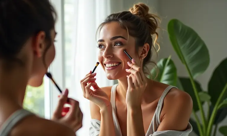Mulher brasileira maquiando-se para um look fitness chic.