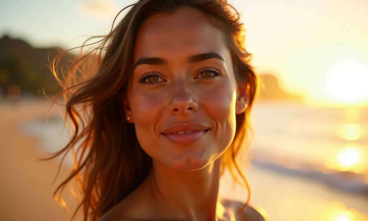 Mulher brasileira na praia de Ipanema com maquiagem radiante e natural sob a luz dourada.