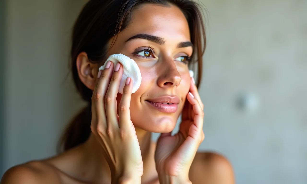 Mulher brasileira removendo a maquiagem com água micelar.