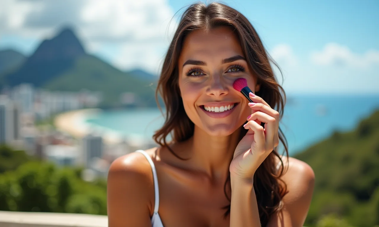 Mulher brasileira se maquiando em dia quente no Rio de Janeiro.