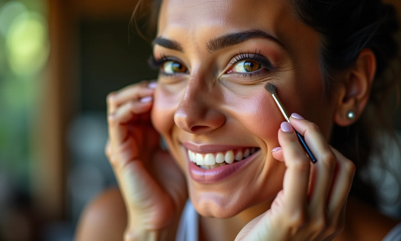 Mulher brasileira sorrindo aplicando maquiagem para equilibrar o rosto.