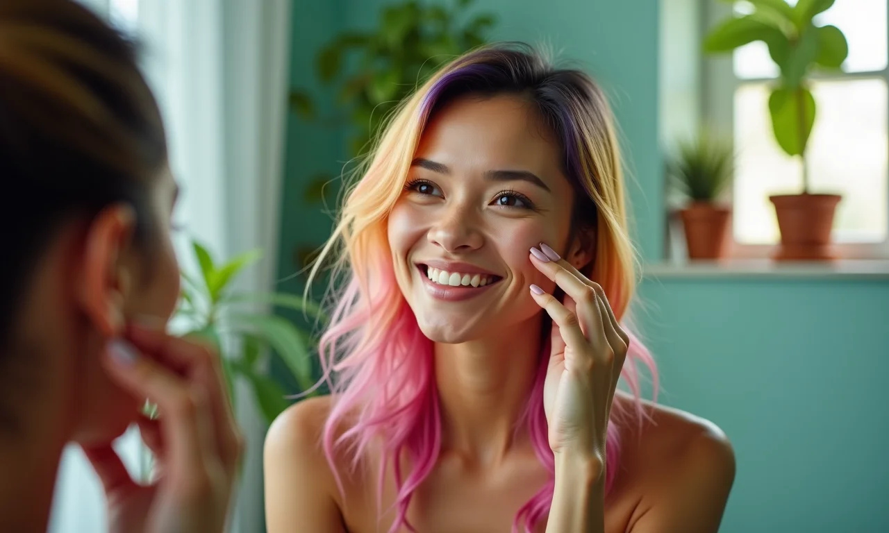 Mulher brasileira sorrindo com cabelo colorido aplicando maquiagem.
