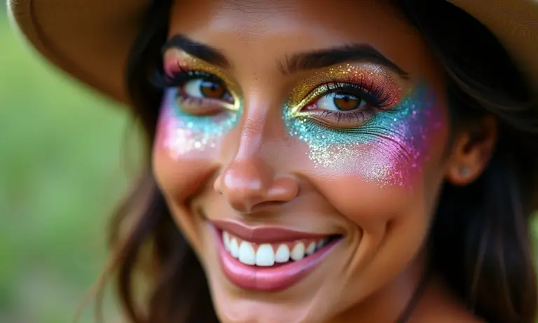 Mulher brasileira sorrindo com maquiagem glitter vibrante nos olhos.