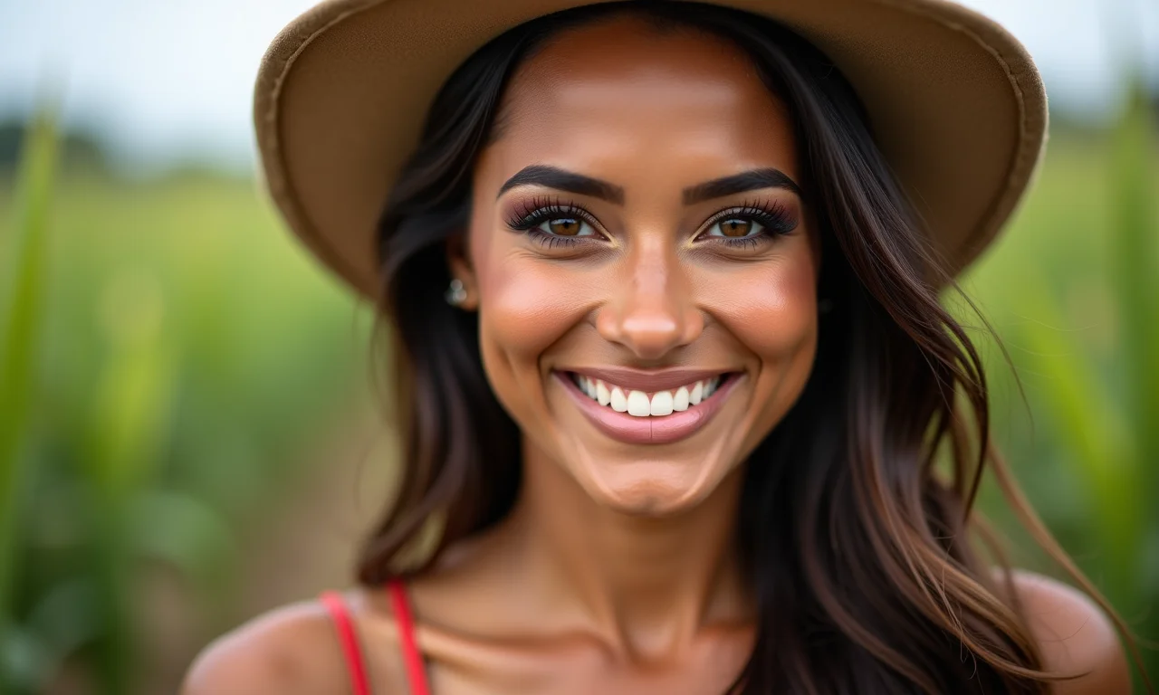 Mulher brasileira sorrindo com maquiagem soft glam.