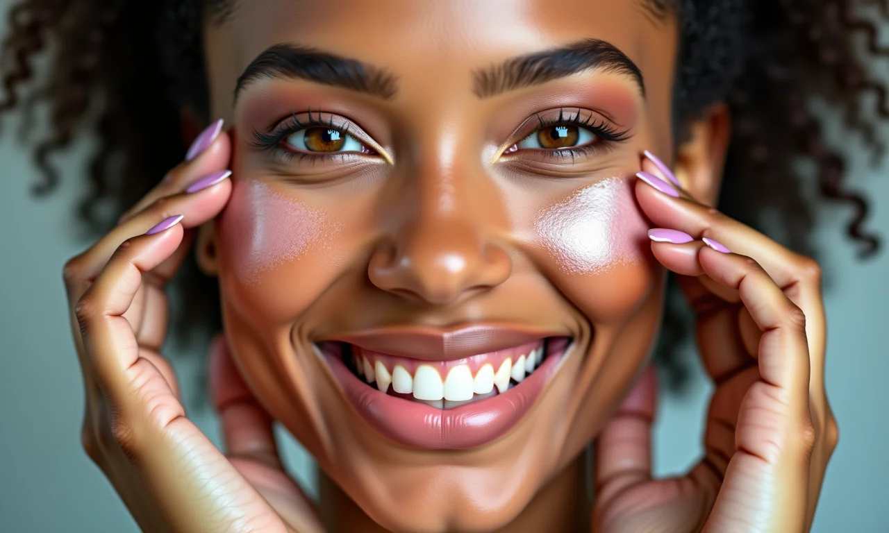 Mulher brasileira sorrindo com melasma, aplicando maquiagem para disfarçar as manchas.