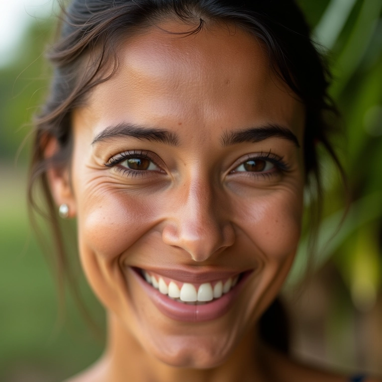 Mulher brasileira sorrindo com pele perfeita e pó não comedogênico.