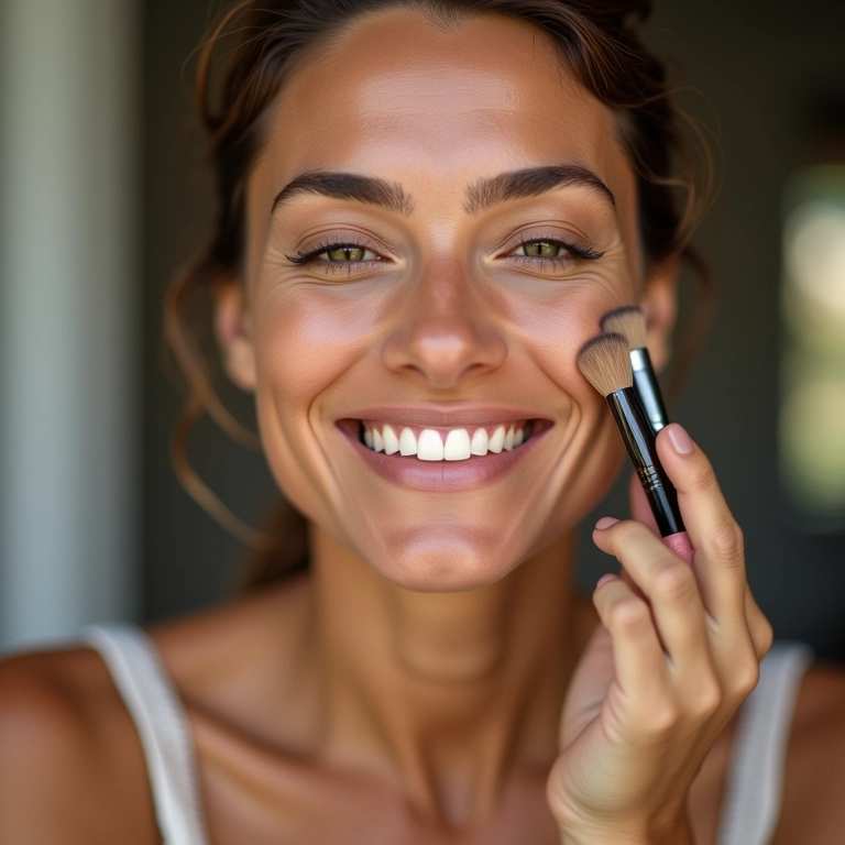 Mulher brasileira sorrindo enquanto aplica contorno mineral suave com um pincel.