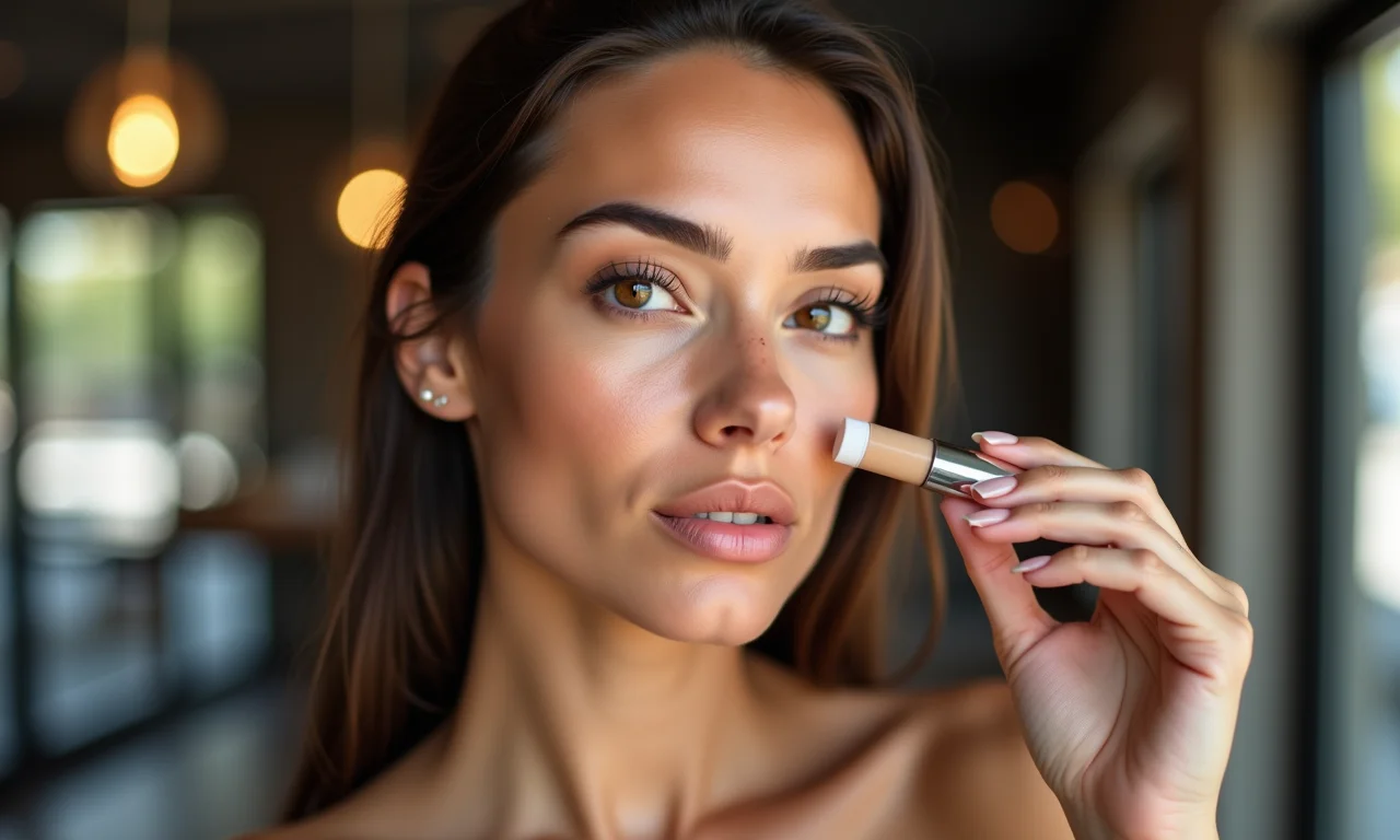 Mulher brasileira testando corretivo na mandíbula em uma loja.