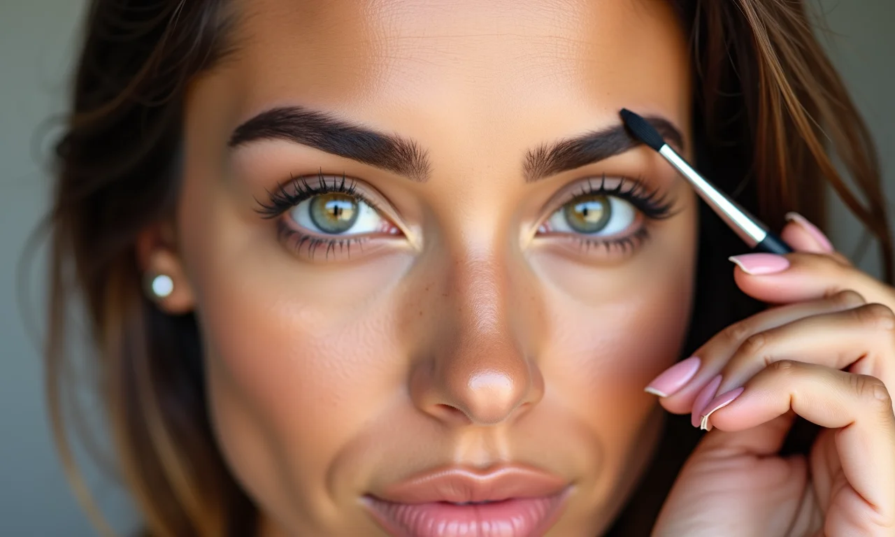 Mulher brasileira usando gel para sobrancelha com aplicador.