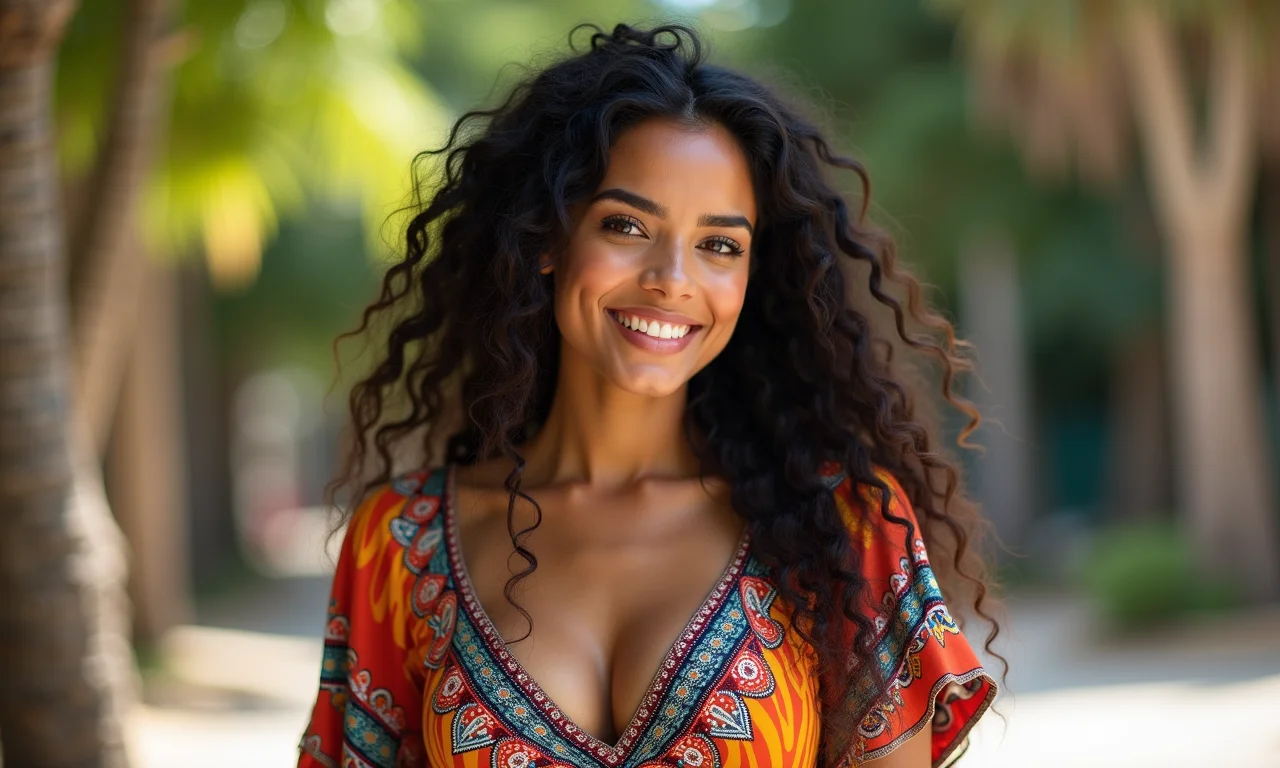 Mulher brasileira vestindo roupas com estampas étnicas e cores vibrantes.