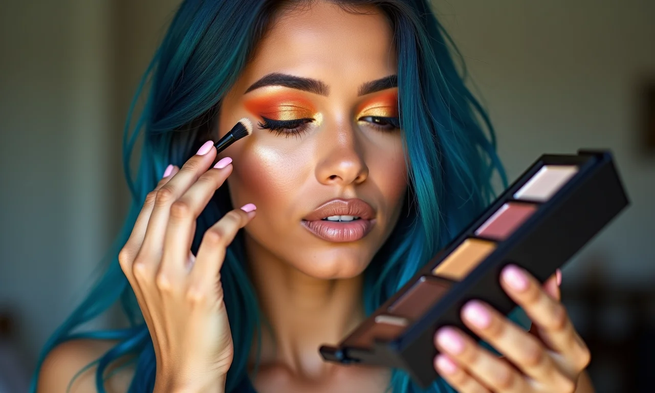 Mulher com cabelo azul aplicando sombra laranja e dourada.