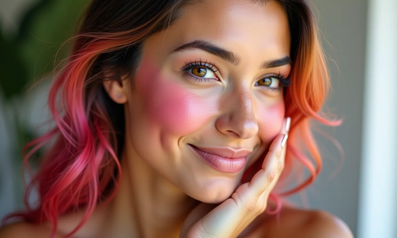 Mulher com cabelo colorido aplicando blush nas bochechas.