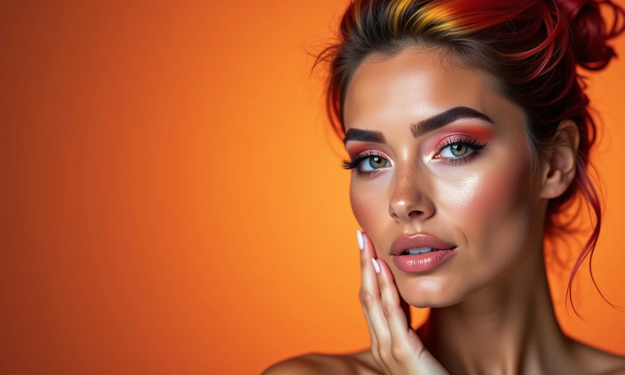 Mulher com cabelo colorido contornando e iluminando o rosto.