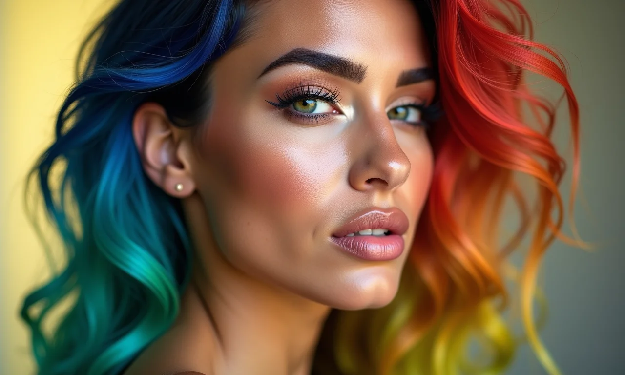 Mulher com cabelo colorido definindo e iluminando as sobrancelhas.