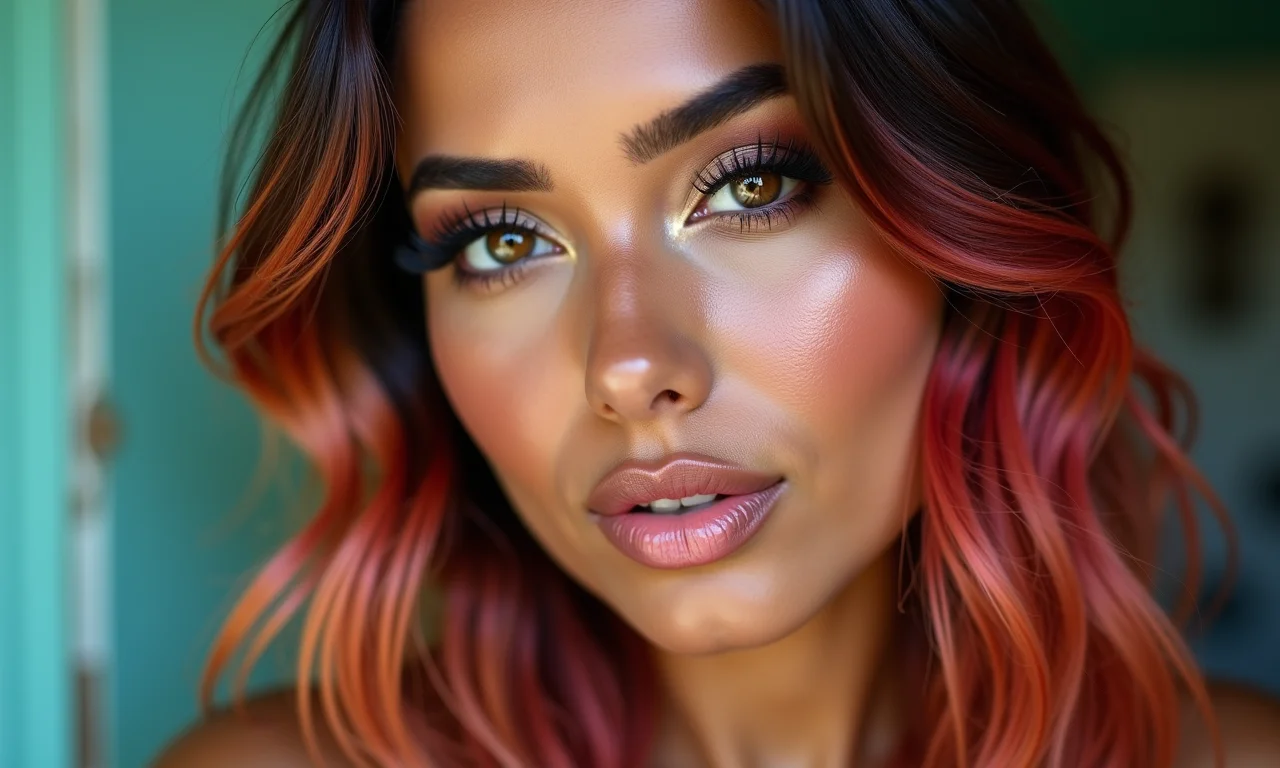 Mulher com cabelo colorido e cílios postiços dramáticos.