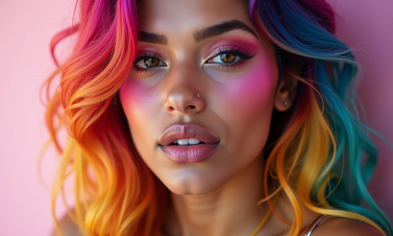 Mulher com cabelo colorido usando maquiagem monocromática rosa.