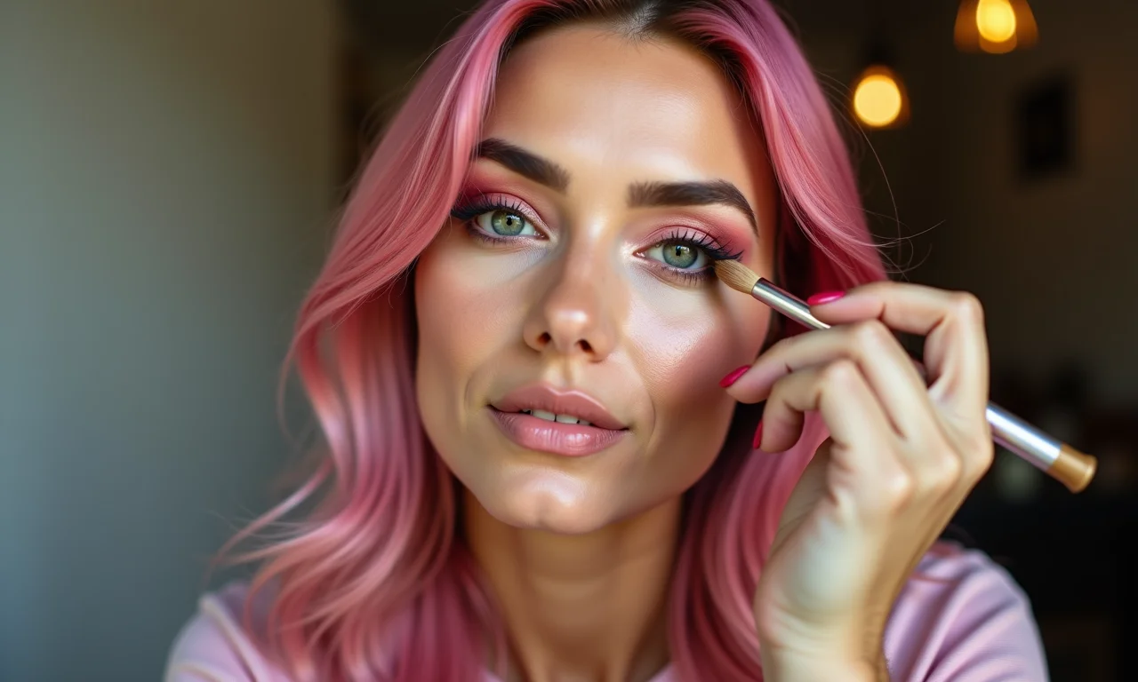 Mulher com cabelo rosa aplicando sombra neutra e rosada.