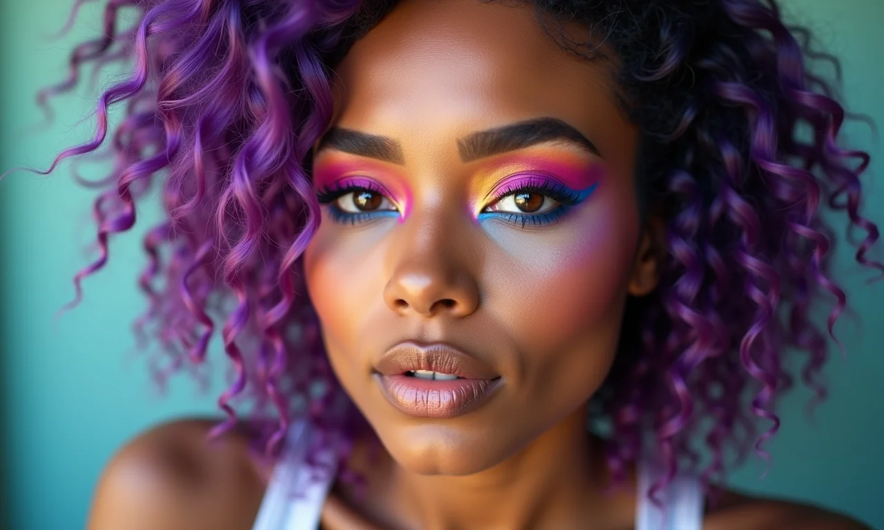 Mulher com cabelo roxo usando cores vibrantes na maquiagem.