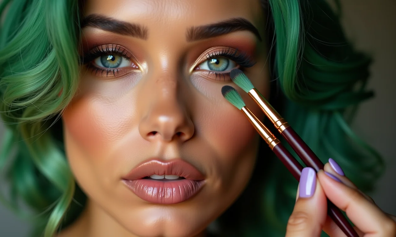 Mulher com cabelo verde aplicando tons terrosos.