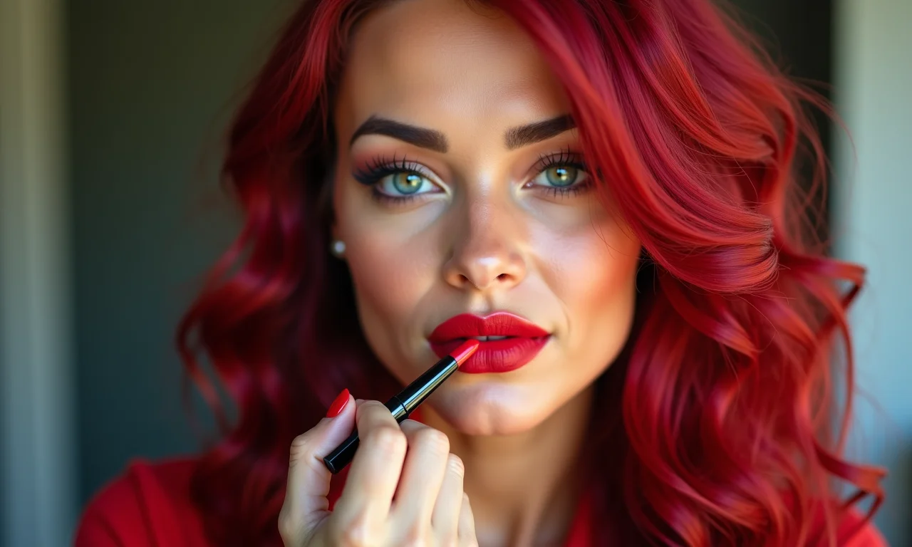 Mulher com cabelo vibrante aplicando batom vermelho.