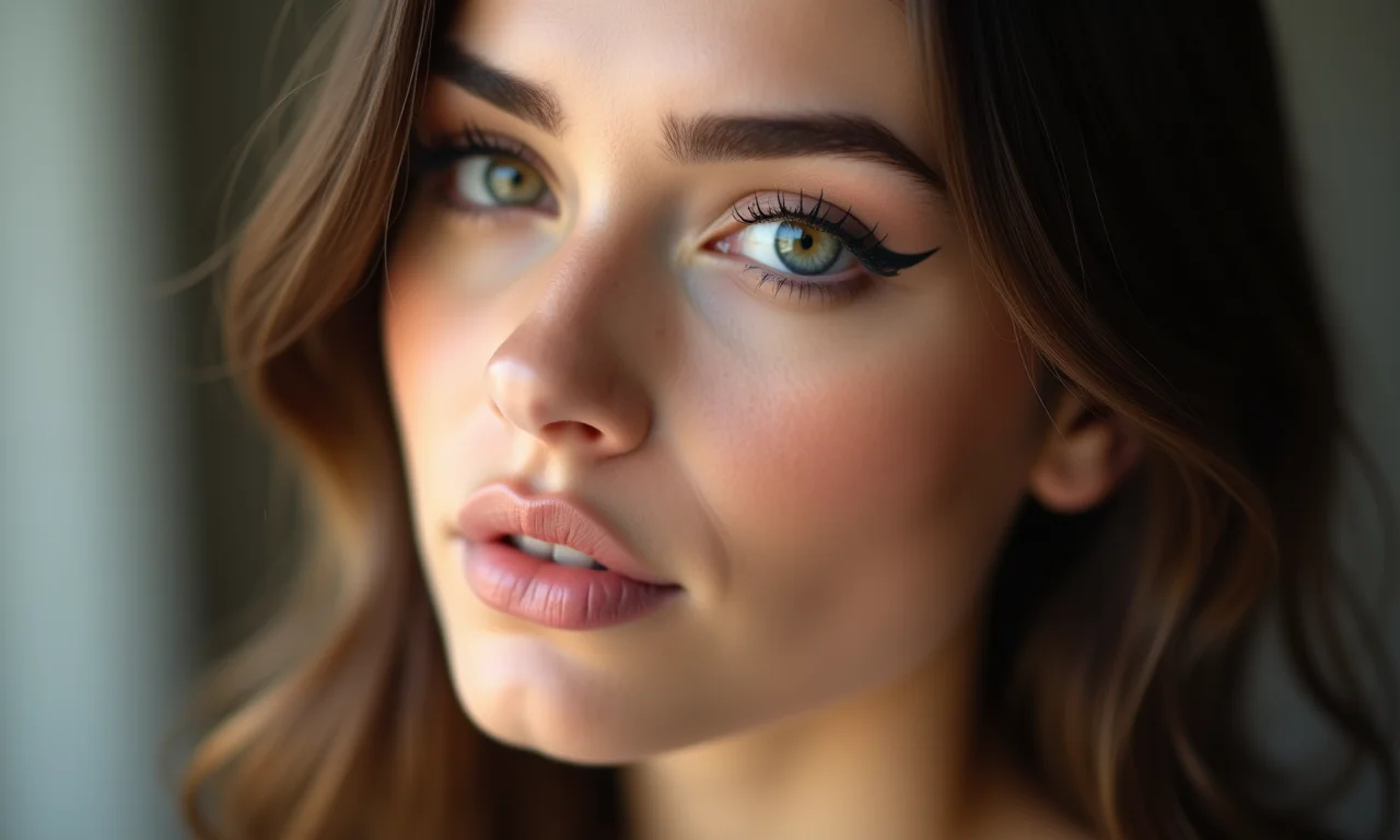 Mulher com delineado discreto e elegante.