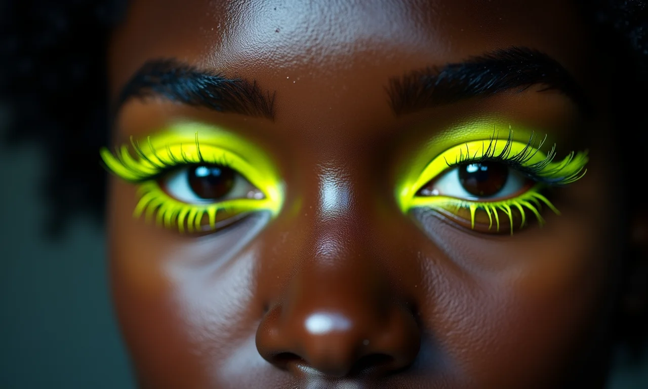 Mulher com delineador amarelo neon na linha d'água.