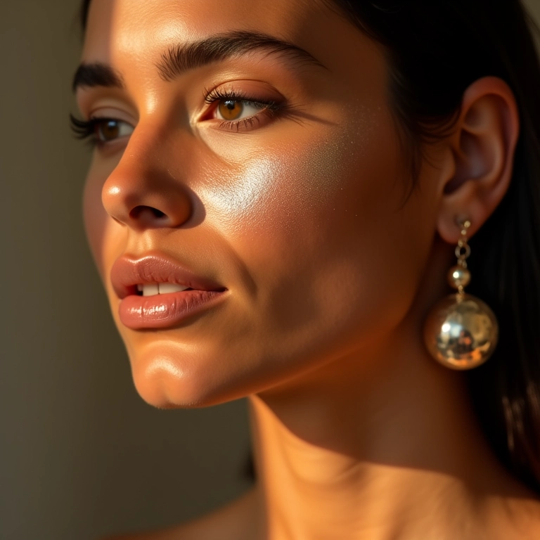 Mulher com iluminador cintilante nas maçãs do rosto.