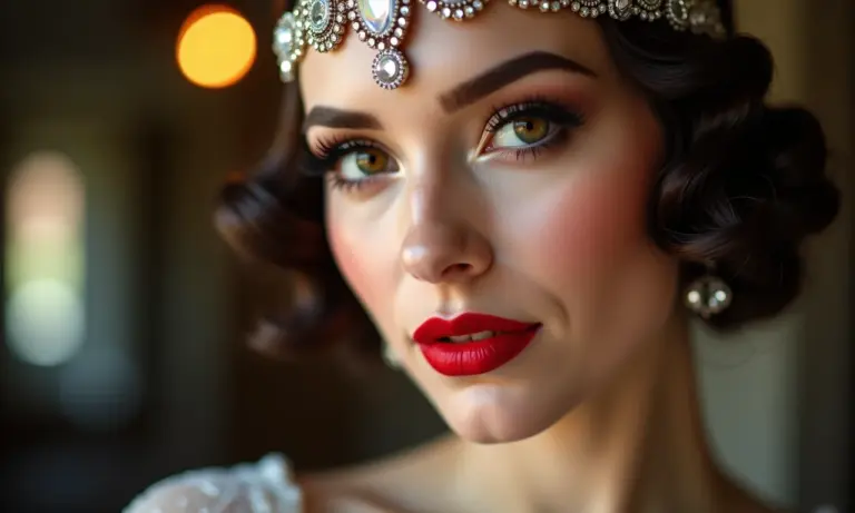 Mulher com maquiagem anos 20 e tiara de pedrarias.