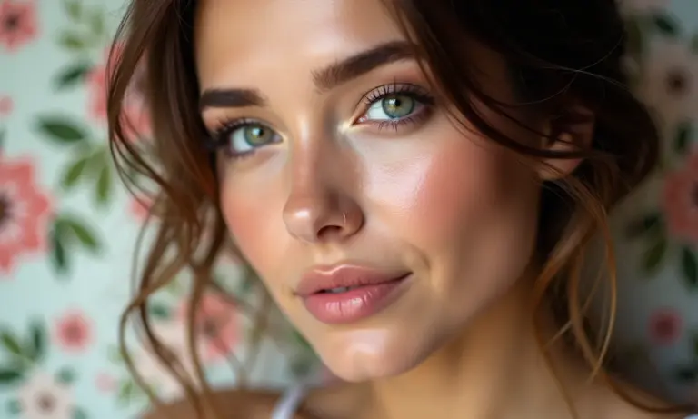 Mulher com maquiagem cottagecore suave e romântica em close-up.