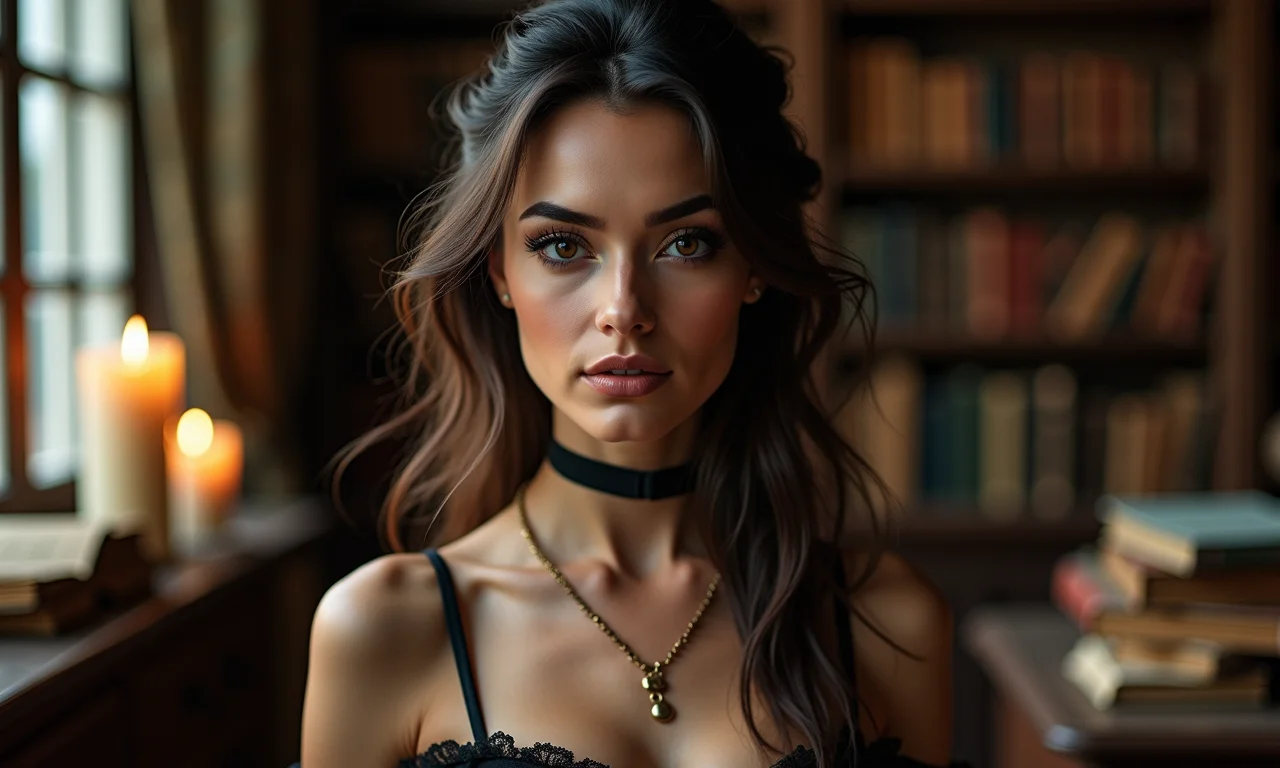 Mulher com maquiagem dark academia em ambiente clássico.