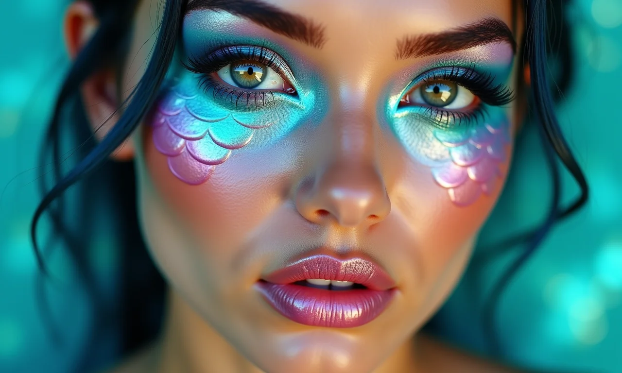 Mulher com maquiagem de sereia urbana, pele radiante e olhos cintilantes.