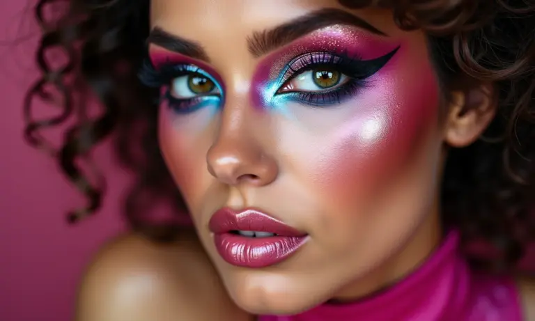 Mulher com maquiagem disco colorida dos anos 70, sombra glitter e delineado marcante.