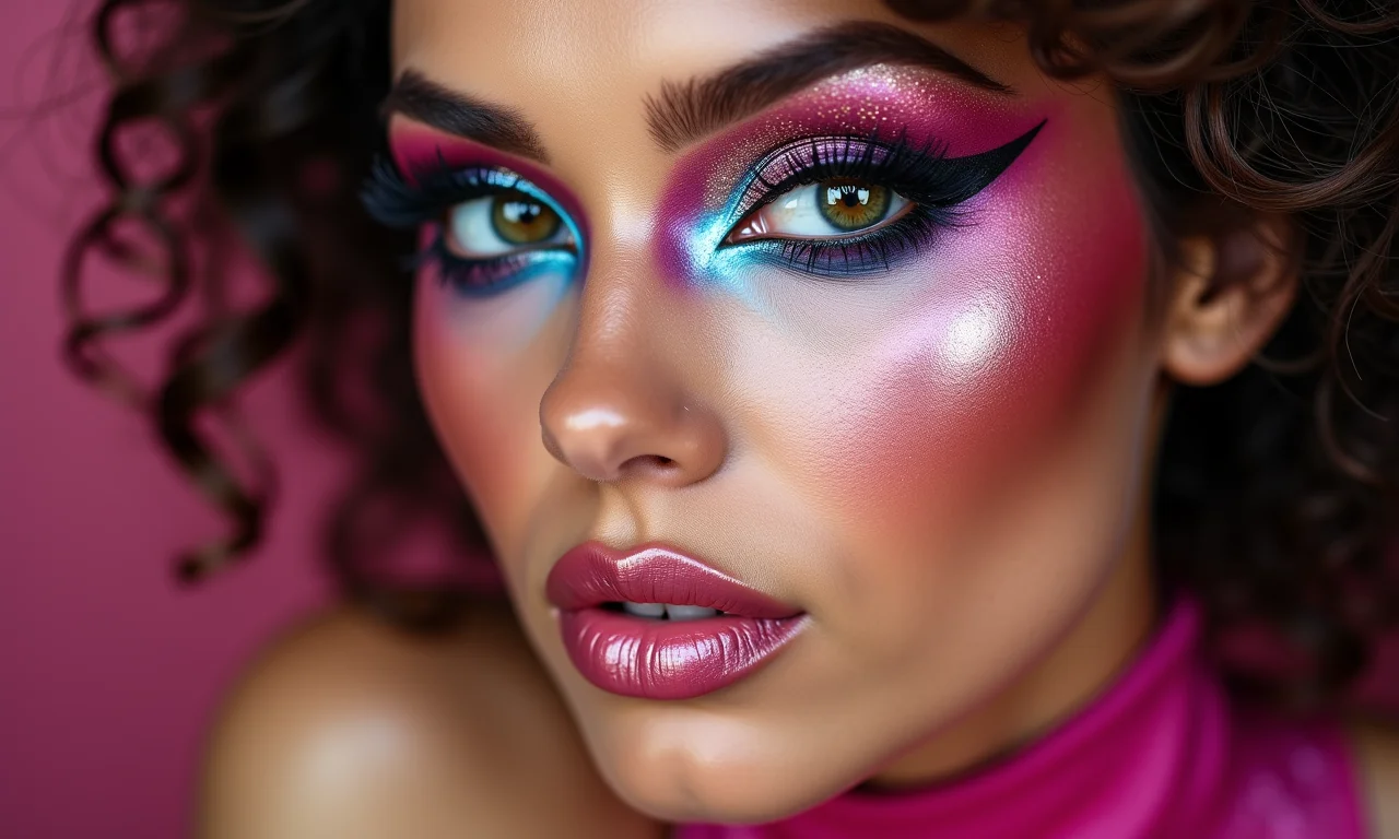 Mulher com maquiagem disco colorida dos anos 70, sombra glitter e delineado marcante.