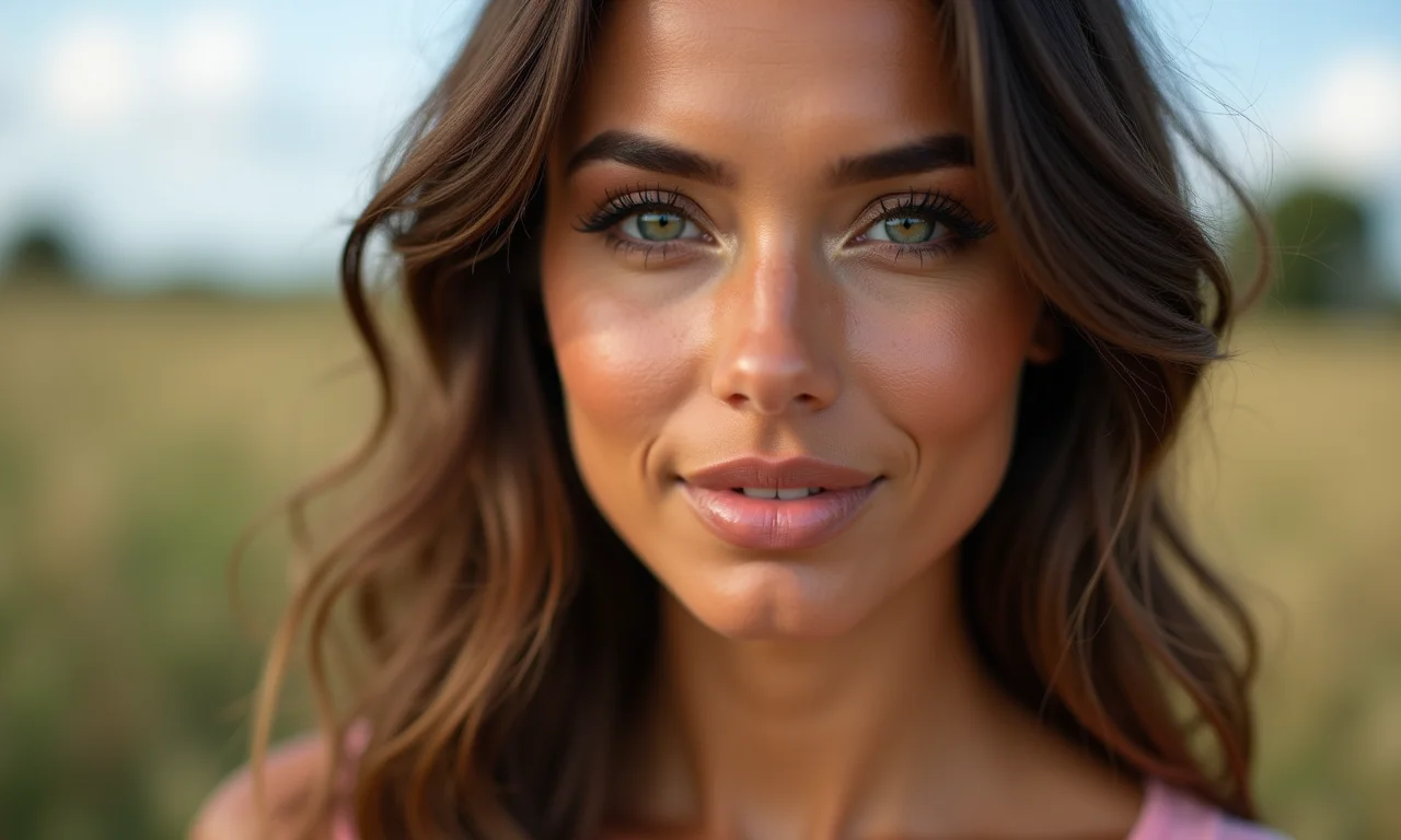 Mulher com maquiagem foxy eyes suave para o dia a dia, em um ambiente Farm Rio.