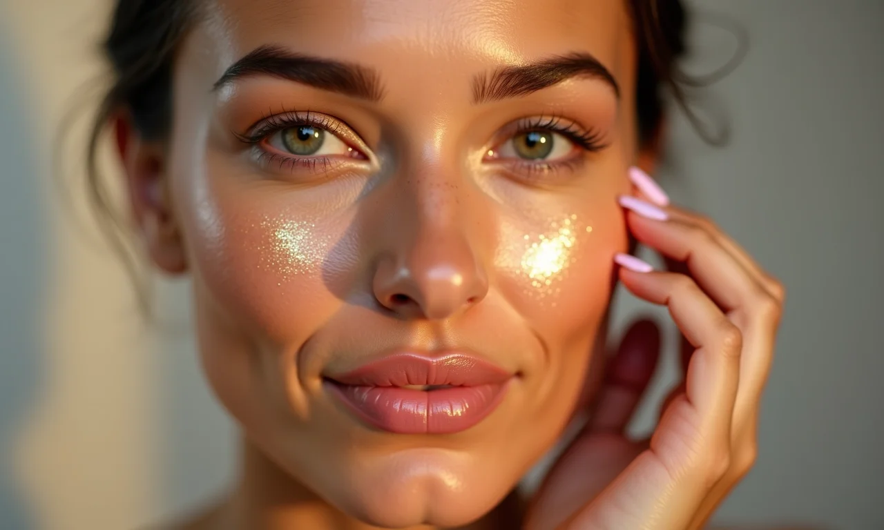 Mulher com maquiagem iluminada usando fixador com efeito glow.