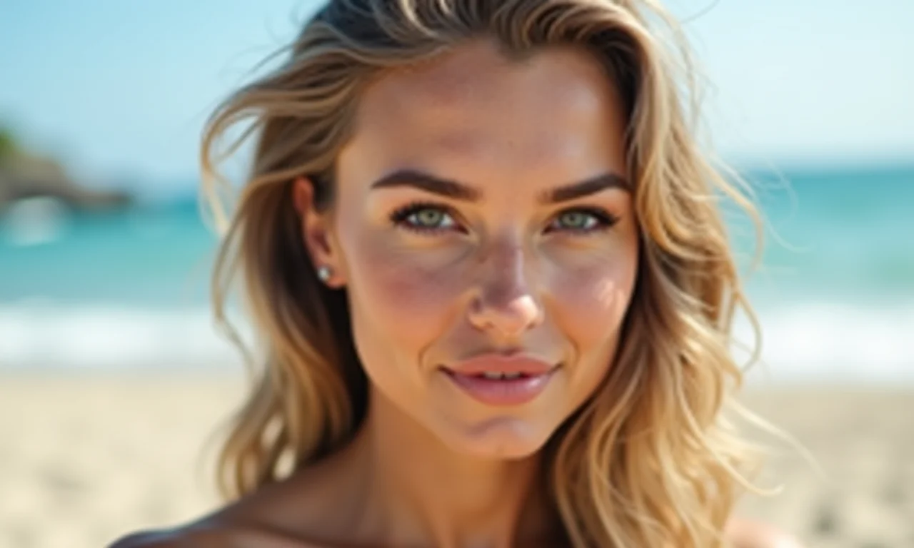 Mulher com maquiagem leve na praia, priorizando a naturalidade.