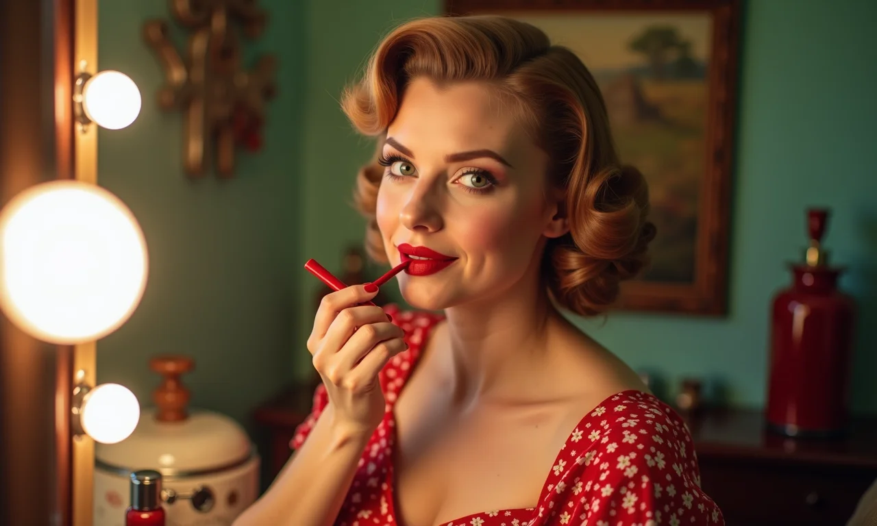 Mulher com maquiagem pin-up clássica aplicando batom vermelho em frente ao espelho.