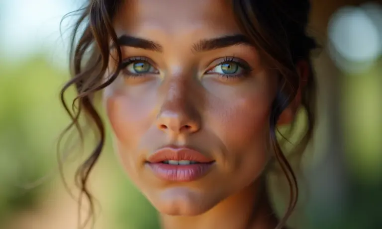 Mulher com maquiagem romântica em tons pastel.