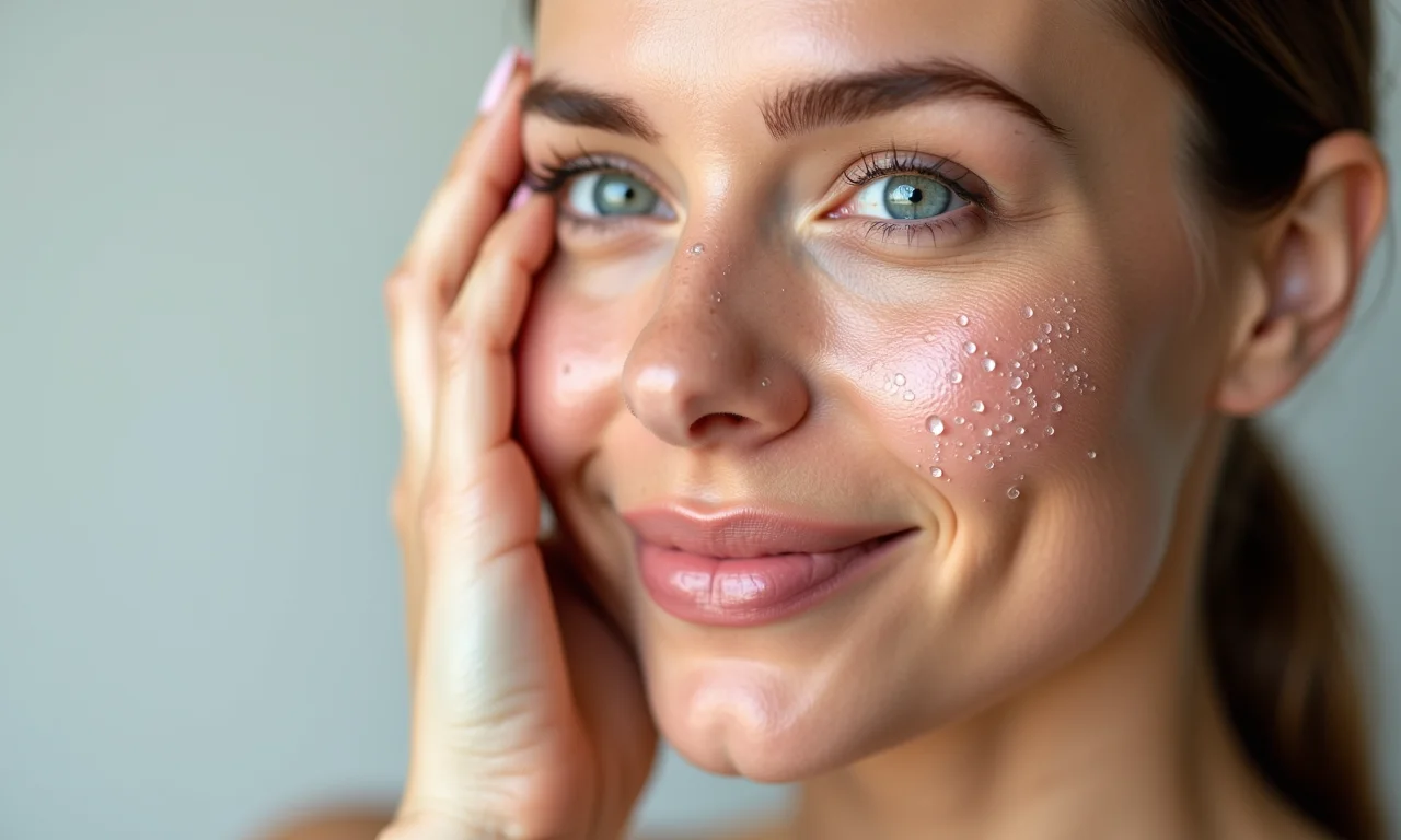 Mulher com pele hidratada usando fixador com ácido hialurônico.