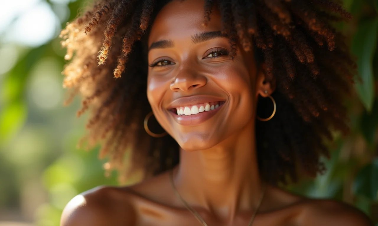 Mulher com pele luminosa usando base de alta cobertura.