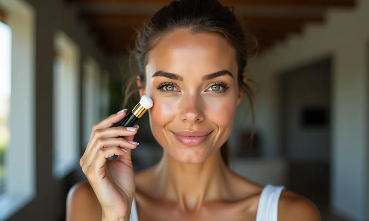 Mulher com pele mista aplicando base de alta cobertura.