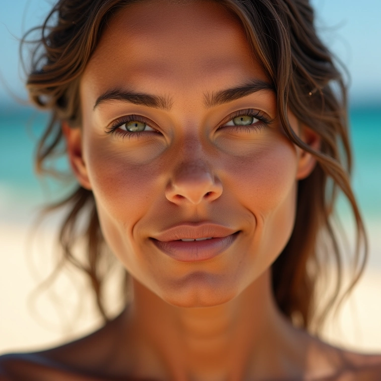 Mulher com pele radiante e bronzeada usando bronzer mineral vegano.