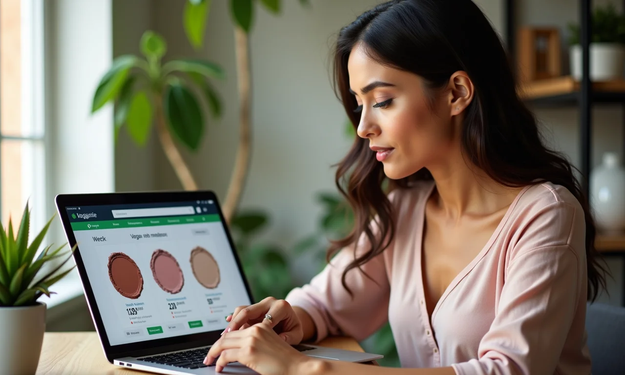 Mulher comparando preços de maquiagem vegana online.