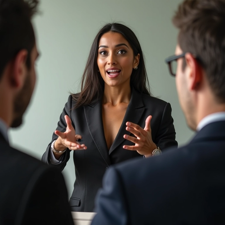 Mulher confiante com linguagem corporal aberta durante uma entrevista.