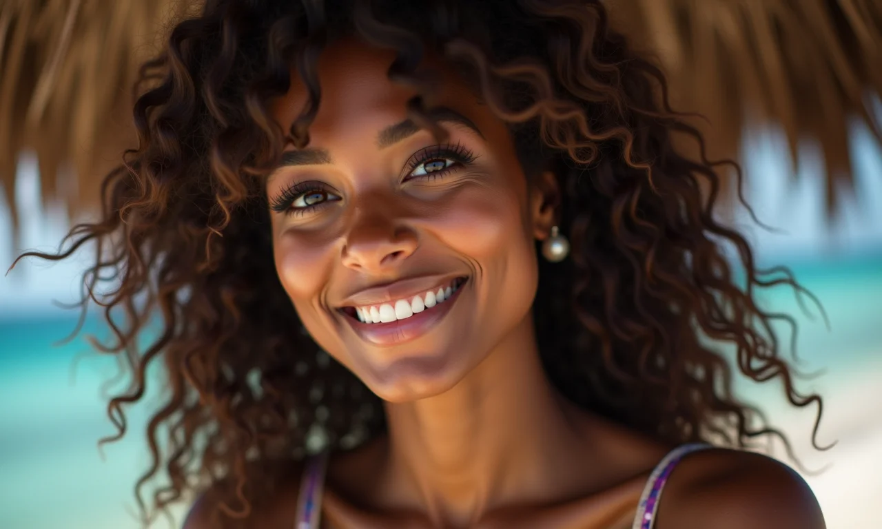 Mulher confiante com maquiagem anos 70 disco, atitude positiva.