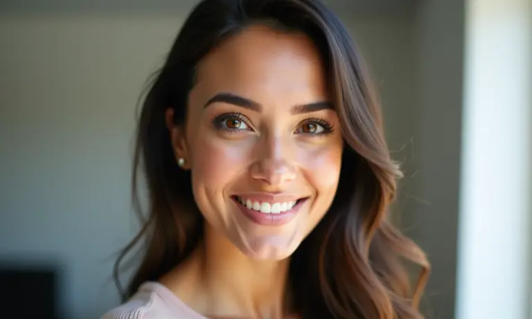 Mulher confiante com maquiagem discreta para entrevista de emprego.