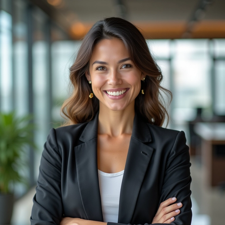 Mulher confiante em ambiente de escritório moderno, vestindo blazer elegante.