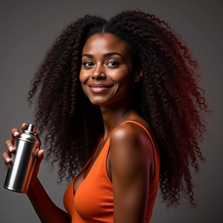 Mulher de cabelos cacheados definindo os cachos com spray fixador em cenário brasileiro vibrante.