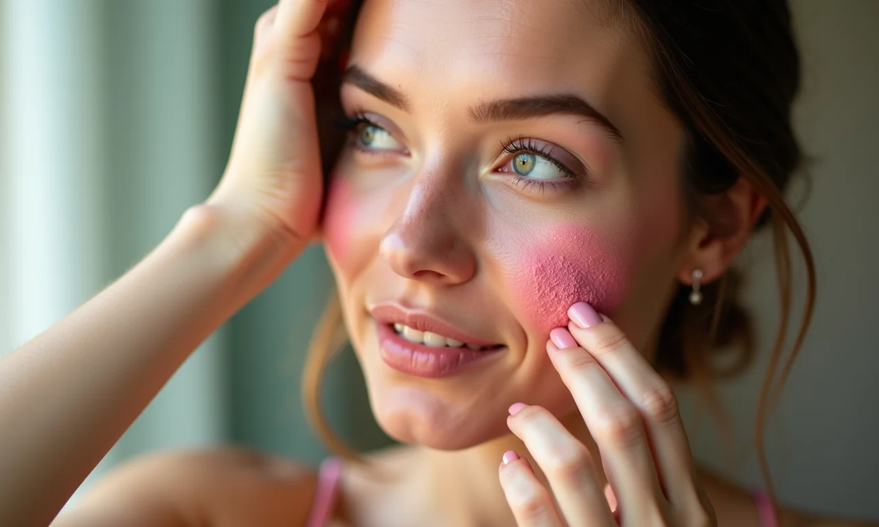 Mulher de pele clara aplicando blush rosa claro.