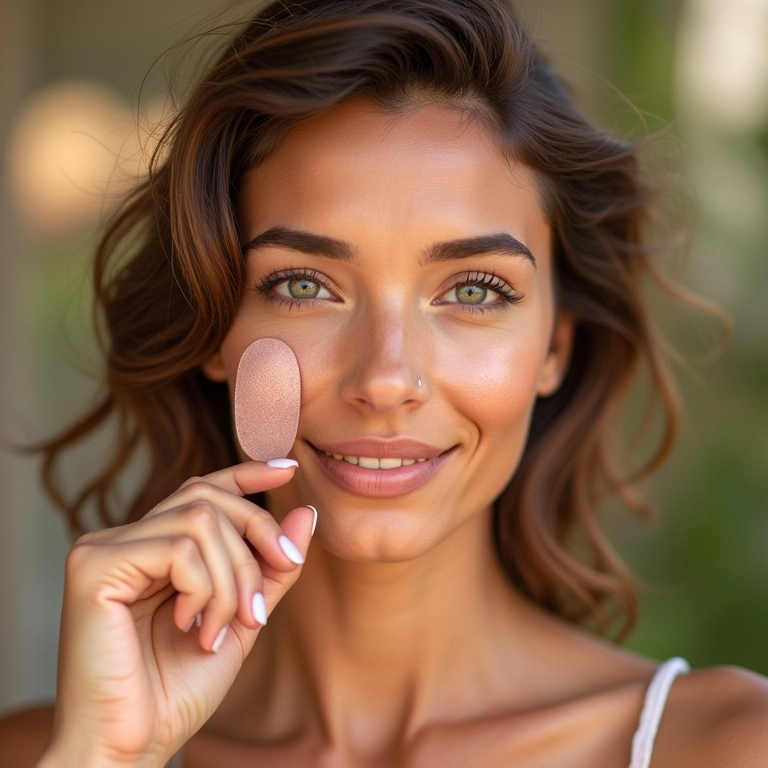 Mulher de pele clara aplicando iluminador mineral rosado ou champagne.